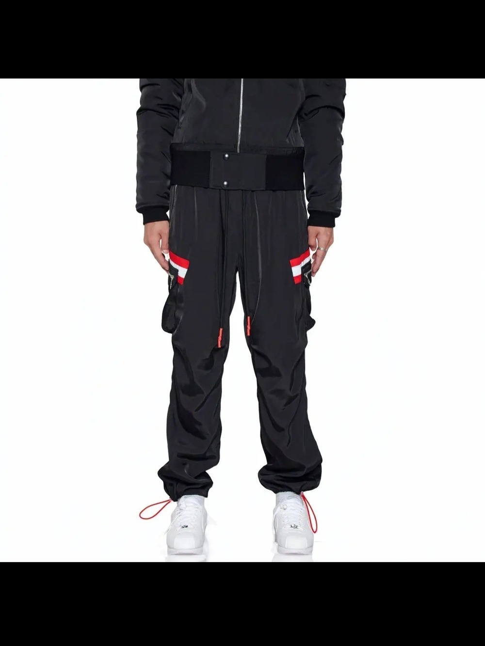 Black Cargo Pants with Red and White Stripe Accents